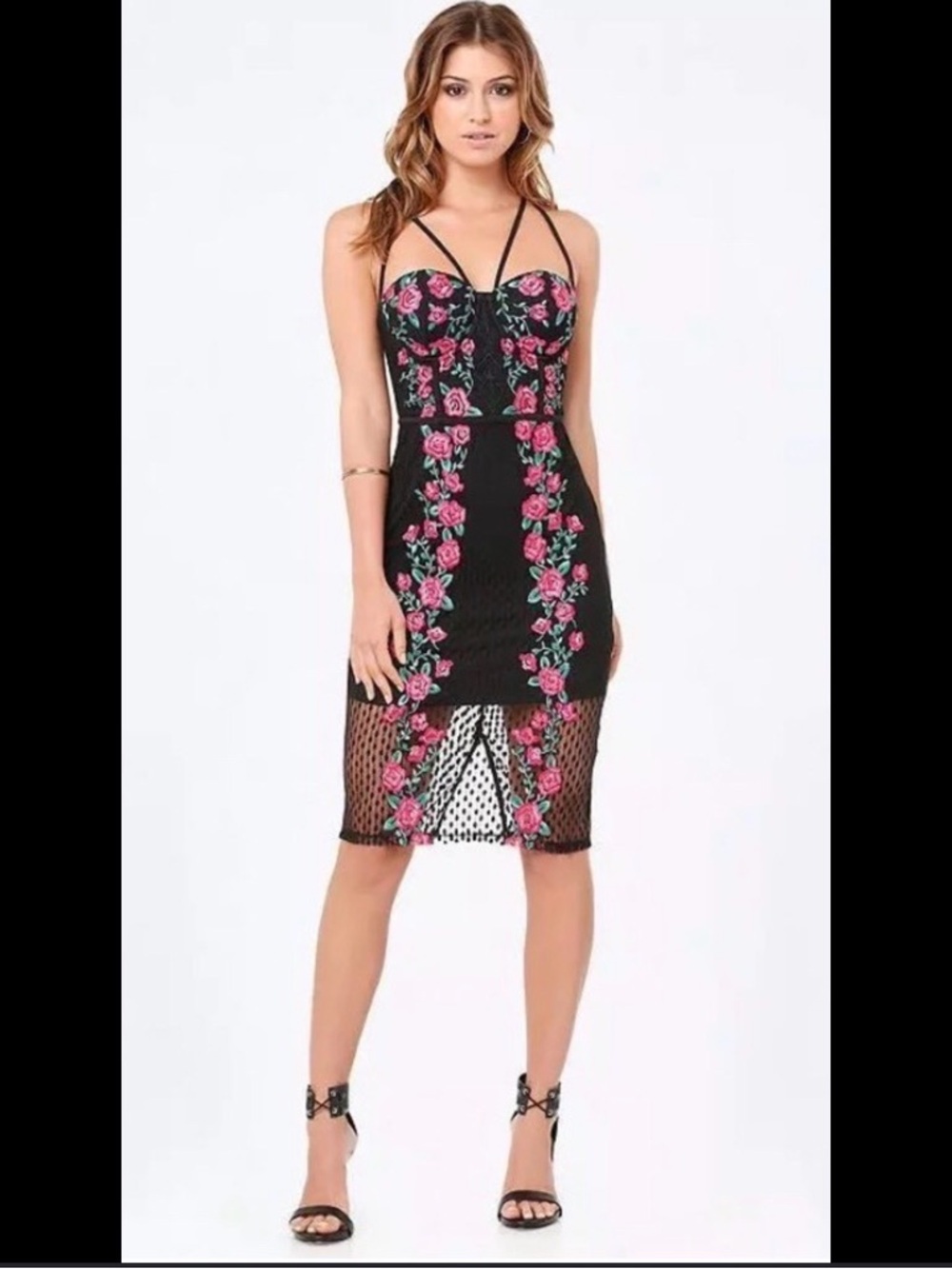 BEBE Black Floral Lace Midi Dress with Pink Rose Embroidery